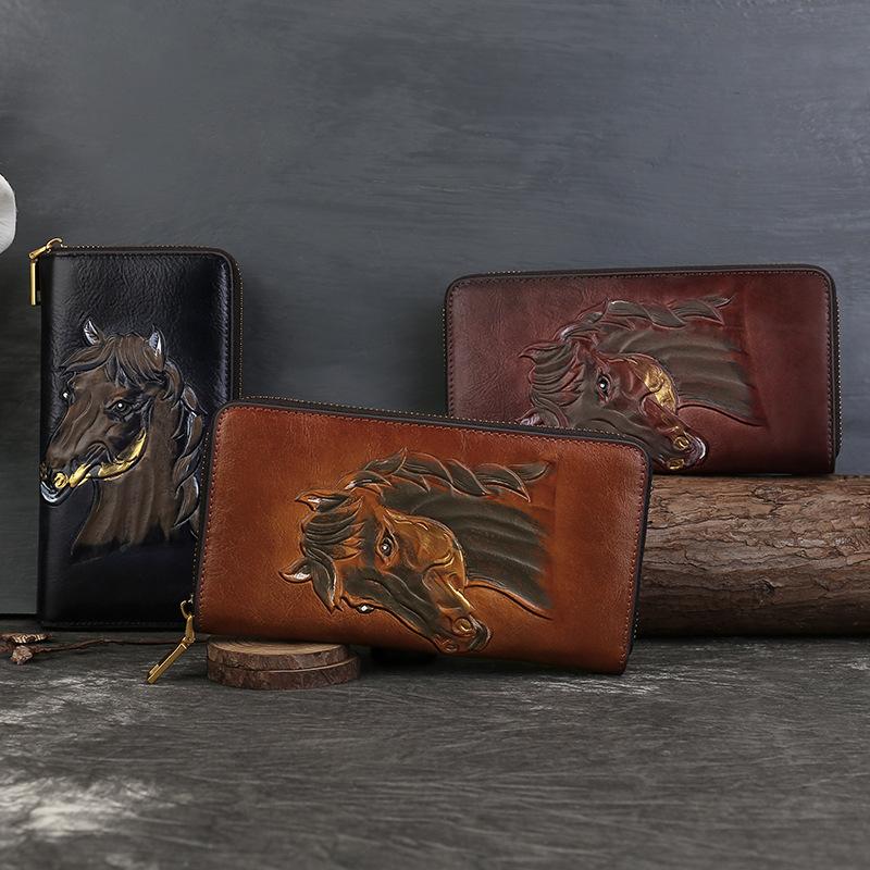 Echtes Leder Geldbörse, Retro Mehrschlitz-Tasche, Geprägte Clutch mit großem Fassungsvermögen