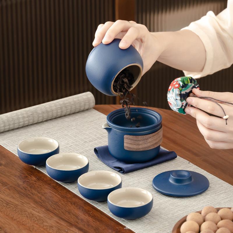Travel Tea Set Portable Coarse Pottery Words and Small Set Portable Express Passenger Cup Car Simple Brewing Teapot Gift