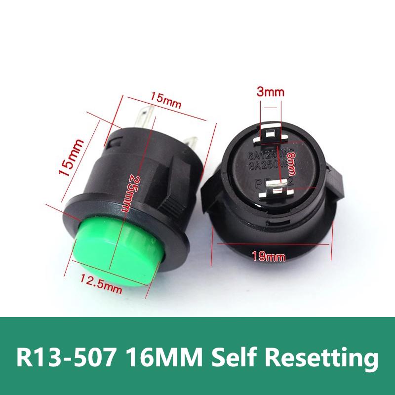 

5/20PCS R13-507 Snap on Button Inching Switch 16MM Round Lockless Self Reset Switch Panel Mounting 3A125V/1.5A250VAC 5PCS