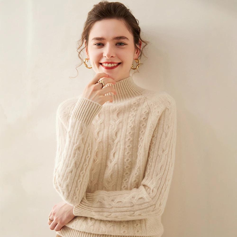 Damski modny kaszmirowy sweter z półwysokim dekoltem, warkoczowy, raglanowy