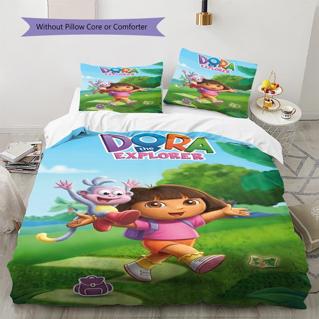 Explorer Dora Pattern Bedding Set Quilt Cover Pillowcase Home Decor Gift (1 * Duvet Cover + 2 * Pillowcase, Without Core)