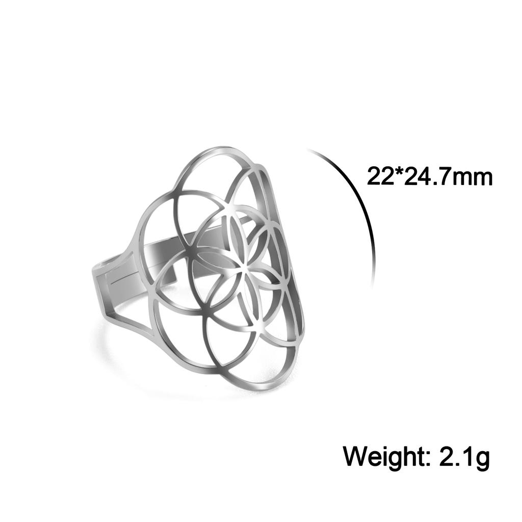 Teamer Hollow Flower of Life Women's Rings Adjustable Stainless Steel Open Rings Wedding Anniversary Jewelry Mother Day Gift