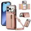 For iPhone 17 Pro Leather Back Cover Zipper Wallet Kickstand Phone Case with Shoulder Strap