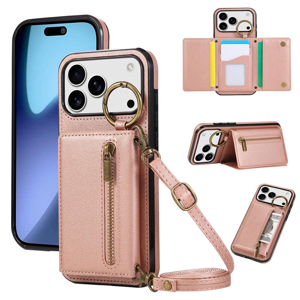 For iPhone 17 Pro Leather Back Cover Zipper Wallet Kickstand Phone Case with Shoulder Strap
