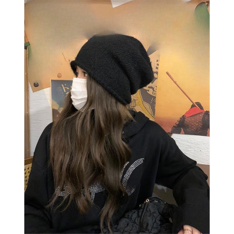 Contains Wool Blended Knitted Hat for Women in Winter Japanese Versatile Woolen Hat  Big Head Circumference Pile Hat  Small Cold Hat Showing Face