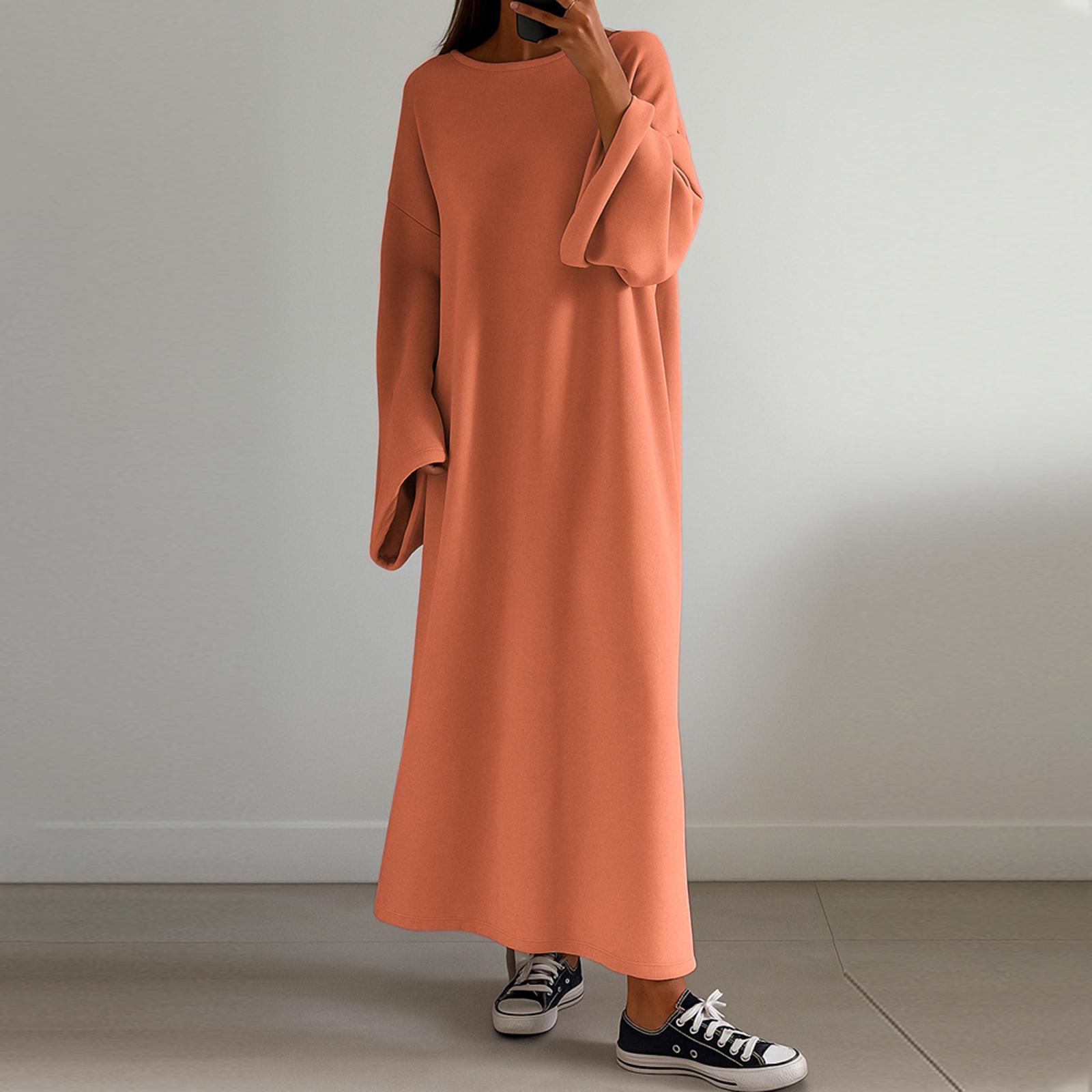 

Women s Casual Loose Fashion Solid Color Round Neck Long Sleeve Knitted Long Dress S