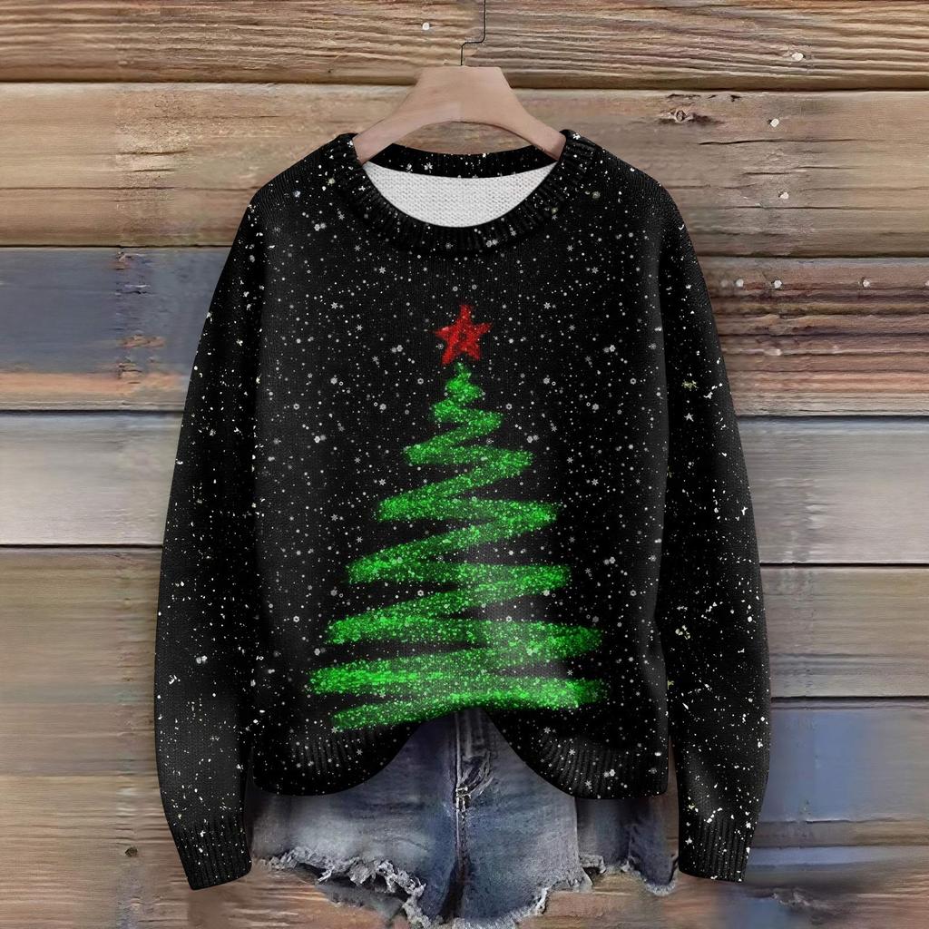 Long Sleeve Pullover Sweaters For Women O Neck Casual Cute Printing Knit Oversized Sweater