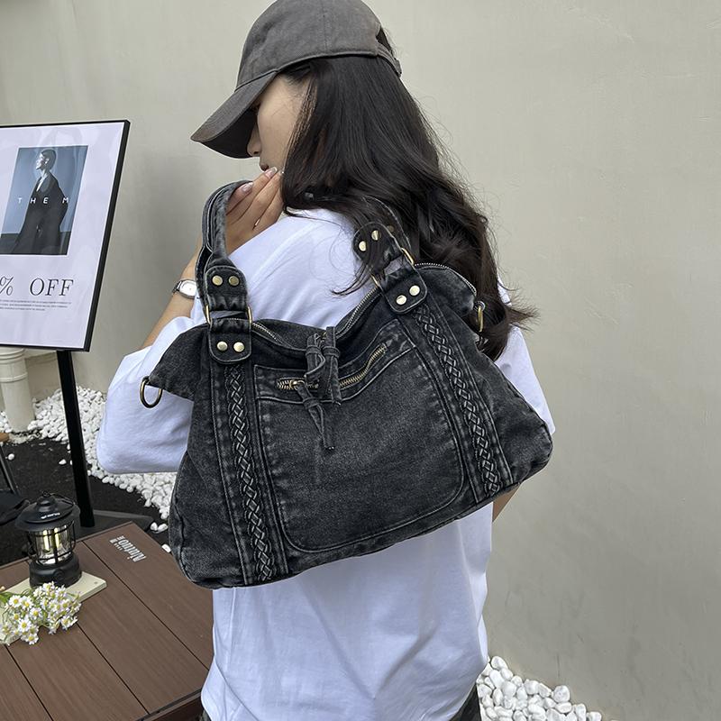 Vintage Denim Handbag with Braided Details Large Capacity Shoulder Crossbody Bag for Women