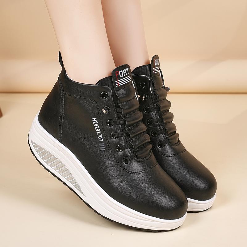 Women's Black Sneakers Height Increase White Leather Boots Platform Casual High Top Thick Sole Elevator Shake Shoes for Students