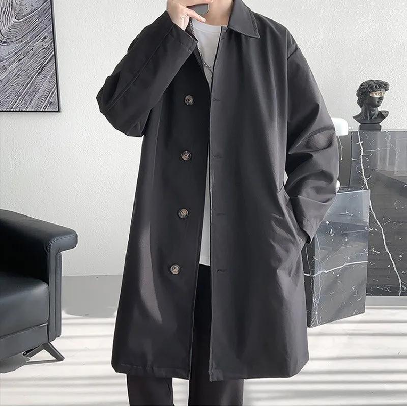 Trench da uomo a lunghezza media per primavera/autunno, tinta unita, con bottoni, modello oversize