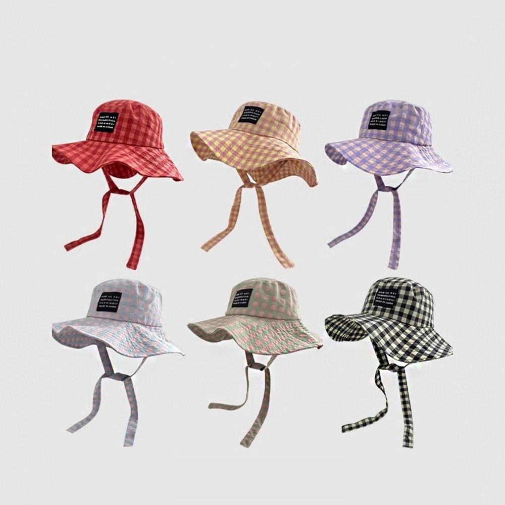 Sun Protection Drawstring Sun Hat Lace Up Plaid Hiking Cap Fashion Hiking Fisherman Hat  Camping