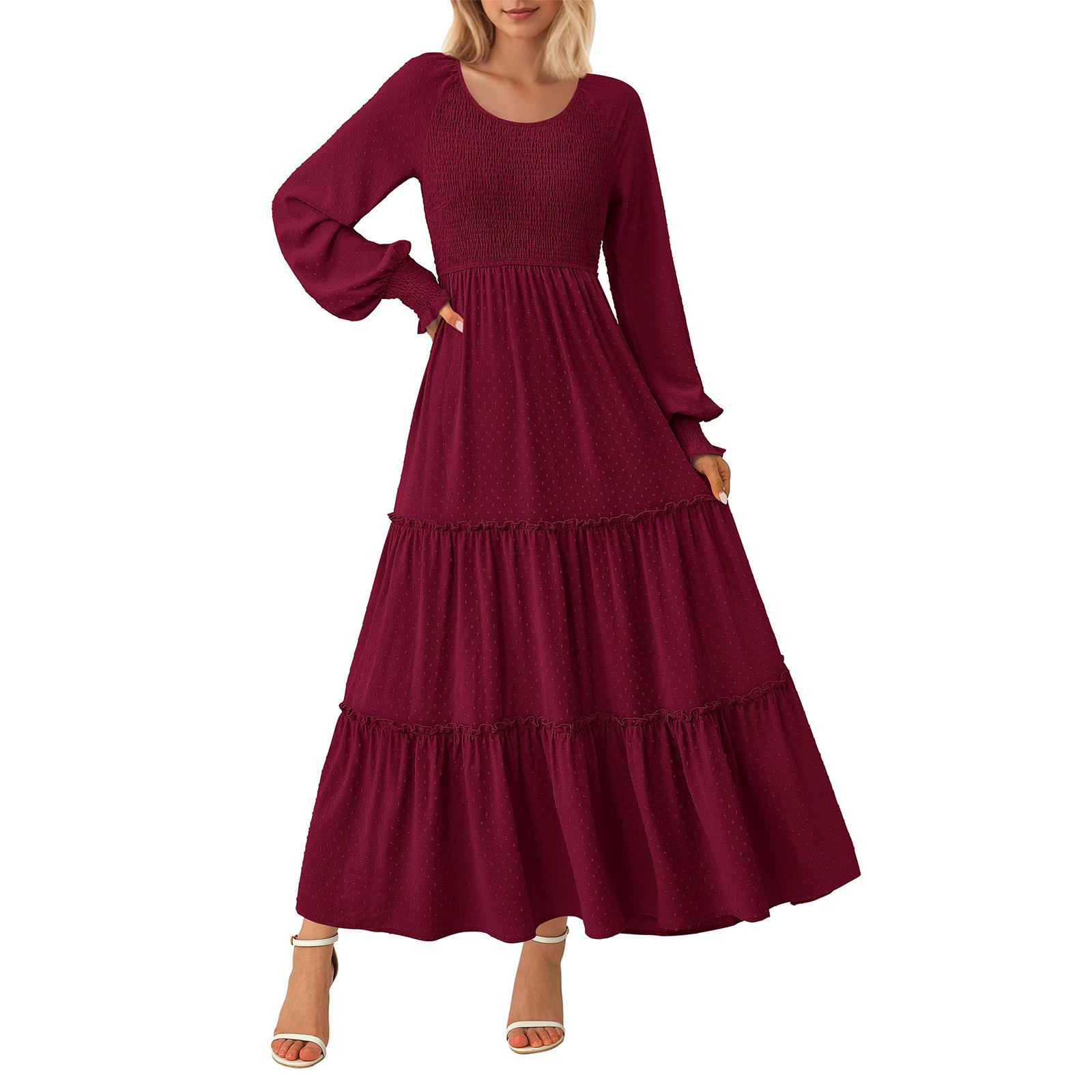 

Женские удлиненные платья в стиле бохо с длинными рукавами, многослойные, плиссированные, струящиеся, в горошек, утягивающие платья XL винный