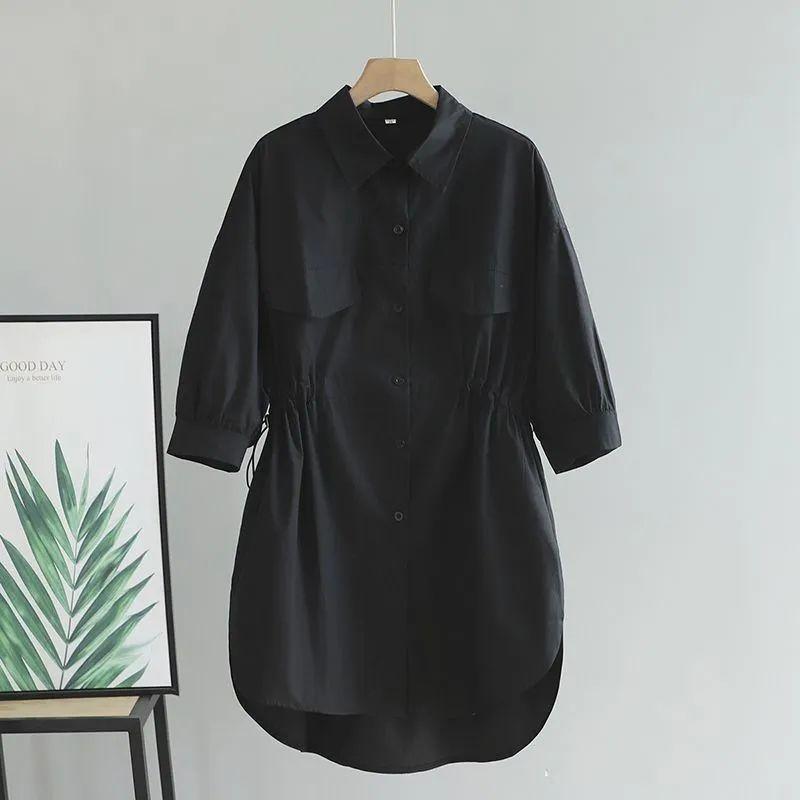 Women s Mid-length Shirt Summer Loose Drawstring Waist Slimming Mid-sleeve Plus-size Shirt M чёрный