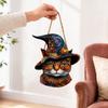 Halloween Wall Decor Wooden Hanging Door Sign, Cute Painted Cat Welcome Ornament with Witch Hat Haunted Sign House Pumpkin, Rustic for Front