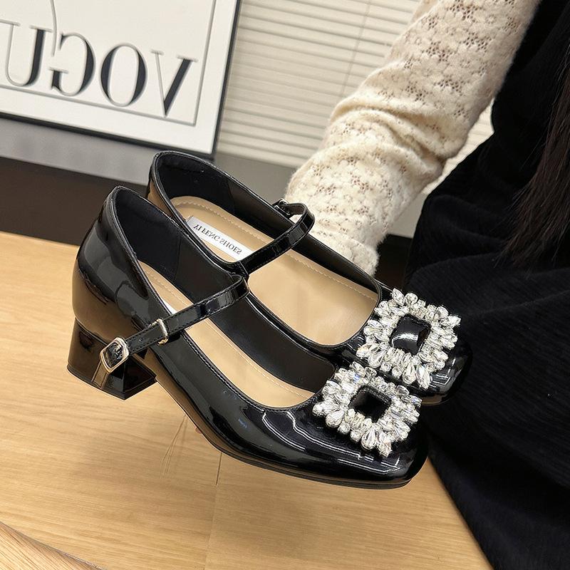 Coarse heel inner height increase 7CM French Mary Jane single shoes women's 2025 spring new square buckle rhinestone small high heels