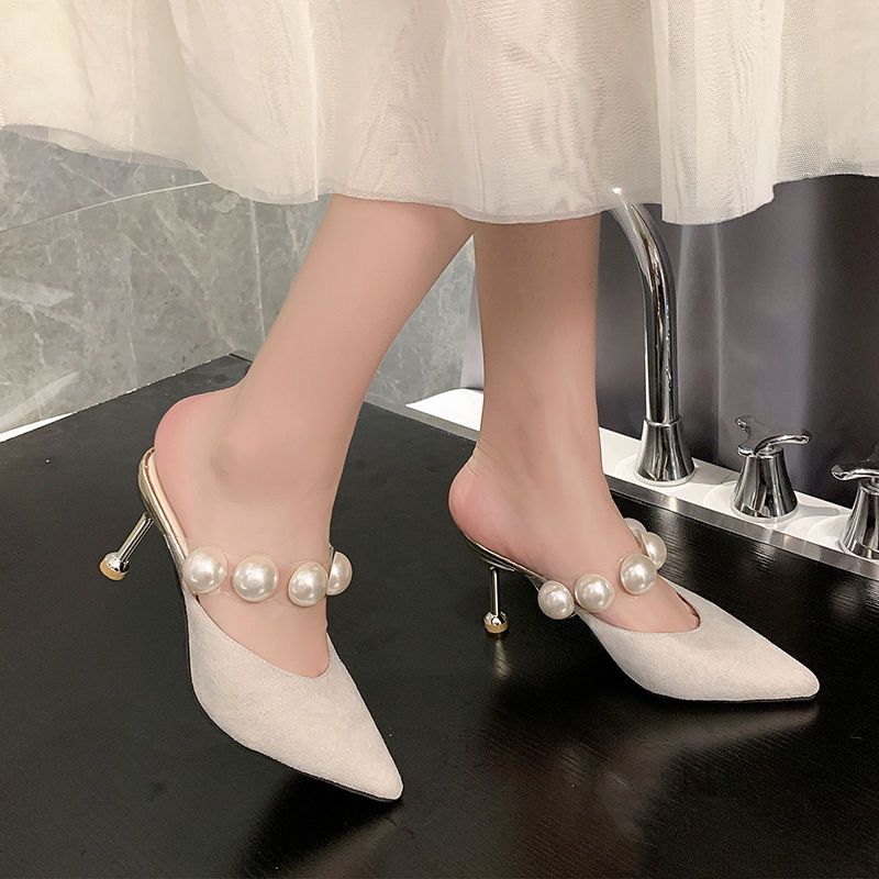 Pointed Toe Sandals Heeled Slides Black Woman Mules Slippers Sexy Shoes for Women Korea Style Unique On Offer Slip-resistant Non