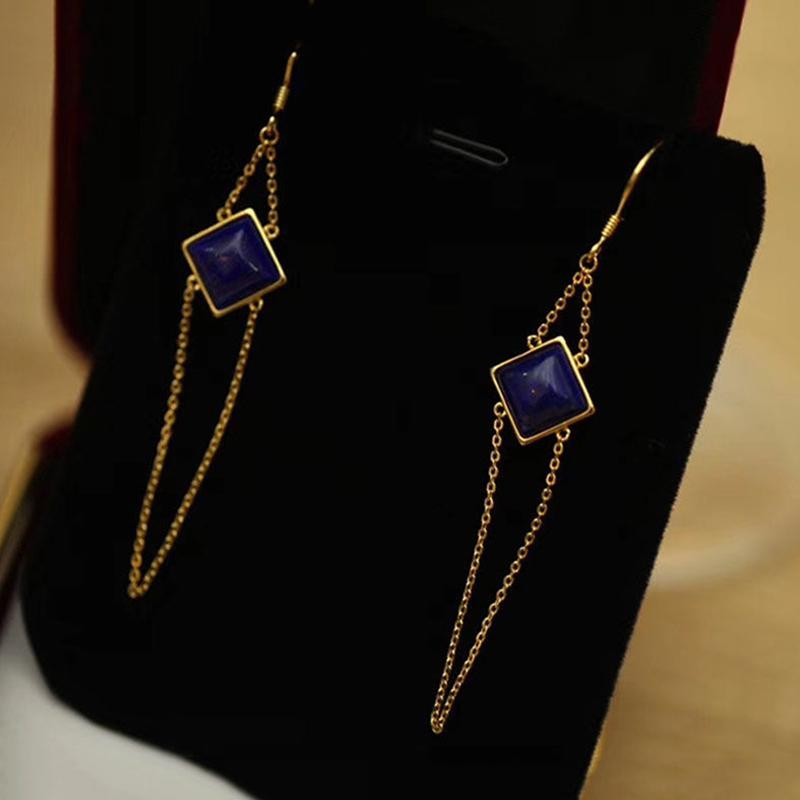 Kreatives Design Natürlicher Lapislazuli Lange Geometrische Quaste Blaue Ohrringe Exquisiter Eleganter Charme Damenschmuck