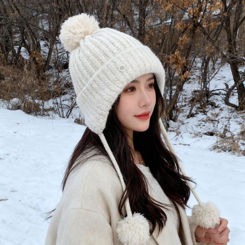 Hairball Solid Color Lace-up Knitted Hat Warm and Cold Hat Women's Winter Outdoor Ear Protection Ski Casual Pullover Hat