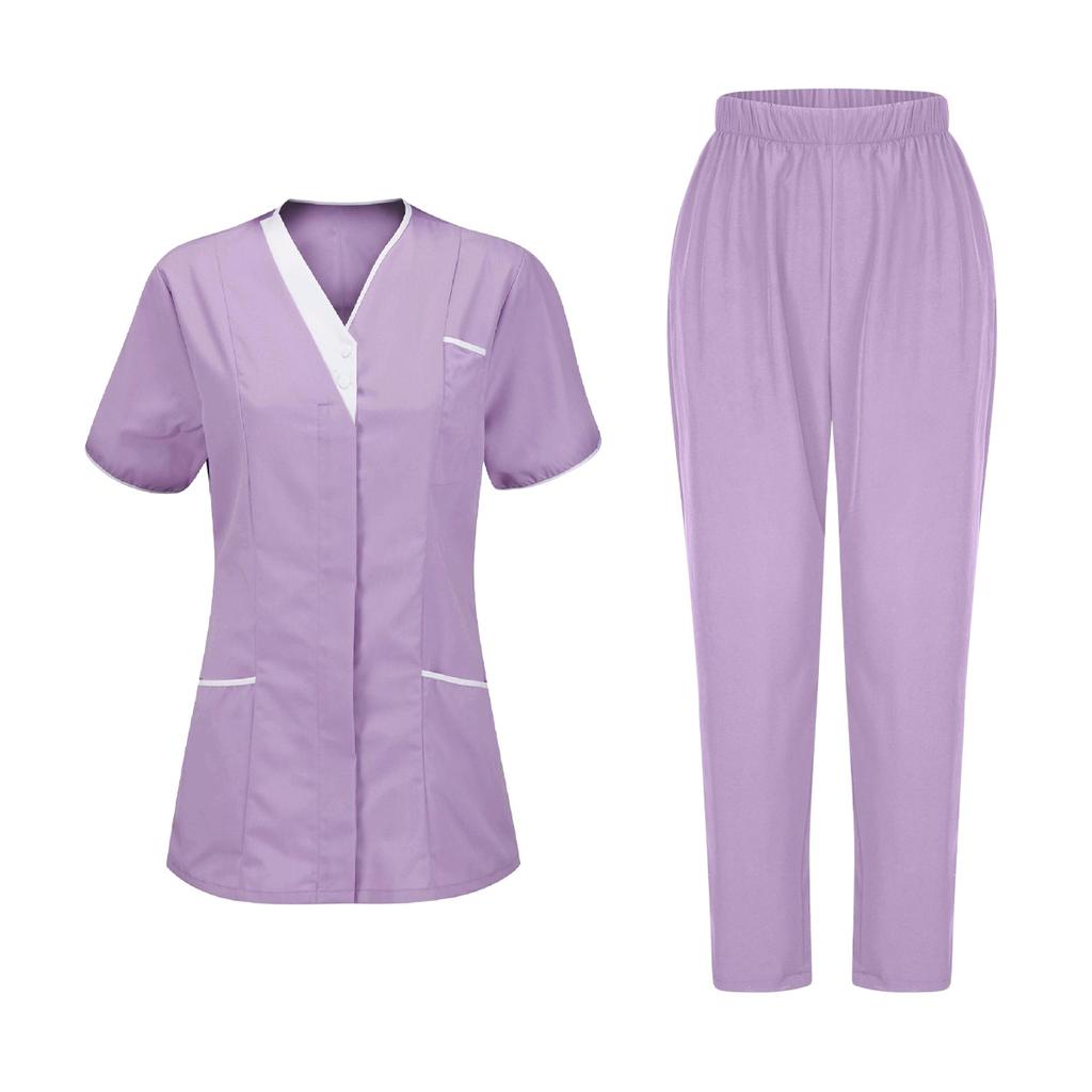 Women's Uniforms Quick Dry Fabrics V-Neck With Pockets Short Sleeves Long Pants Solid Color Workwear Suit