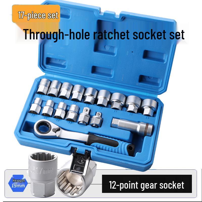 17-Piece Ratchet Socket Set with Bi-Directional Wrench, 12-Point Sockets, Bit Holder, Extension Bar, and Joint Tool.