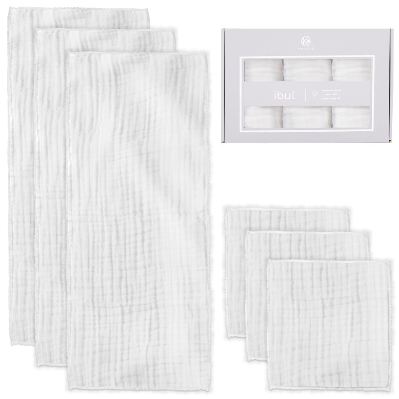 

Keratta Ibul Baby Bath Gauze Handkerchief Towels, Set of 6, in Muted Colors (White Gift Set with Lace)