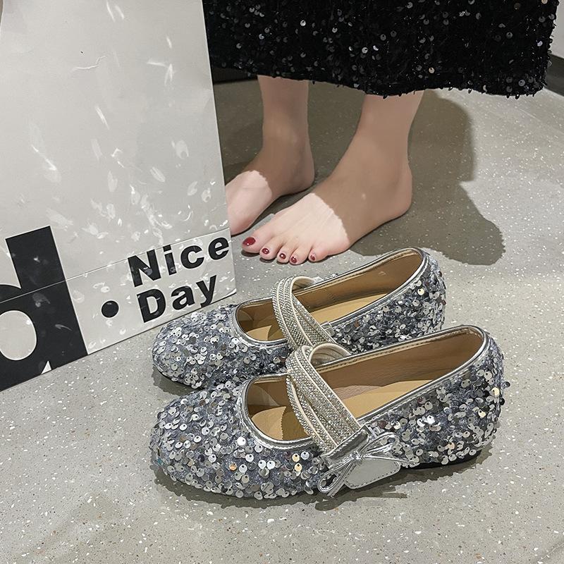 French Inner Height Increase Sequined Mary Jane Shoes Women's 2025 New Autumn Bow Word with Soft Sole Light Mouth Single Shoes