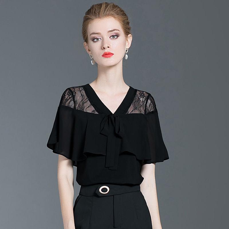 Black Lace Tops Ladies Summer Temperament V-neck Ruffle Chiffon Shirt Short-sleeved Slim T-shirt Niche Chic Peplum Temperament Temperament T-shirt