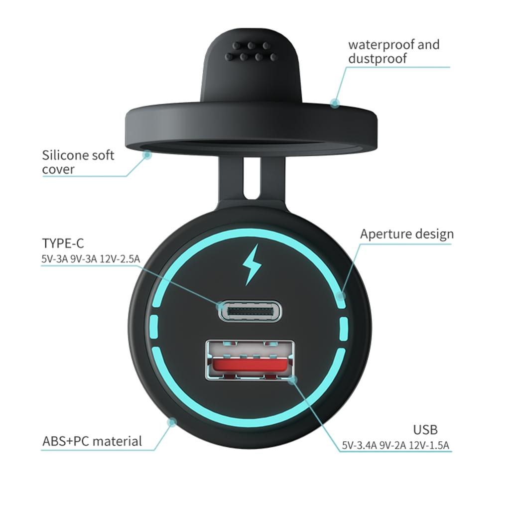 12V-24V Car QC3.0 Fast Charging USB and PD Dual Port for Car Motorcycles, h Bikes, SUVs, Boats IP66 Waterproof Multiple A