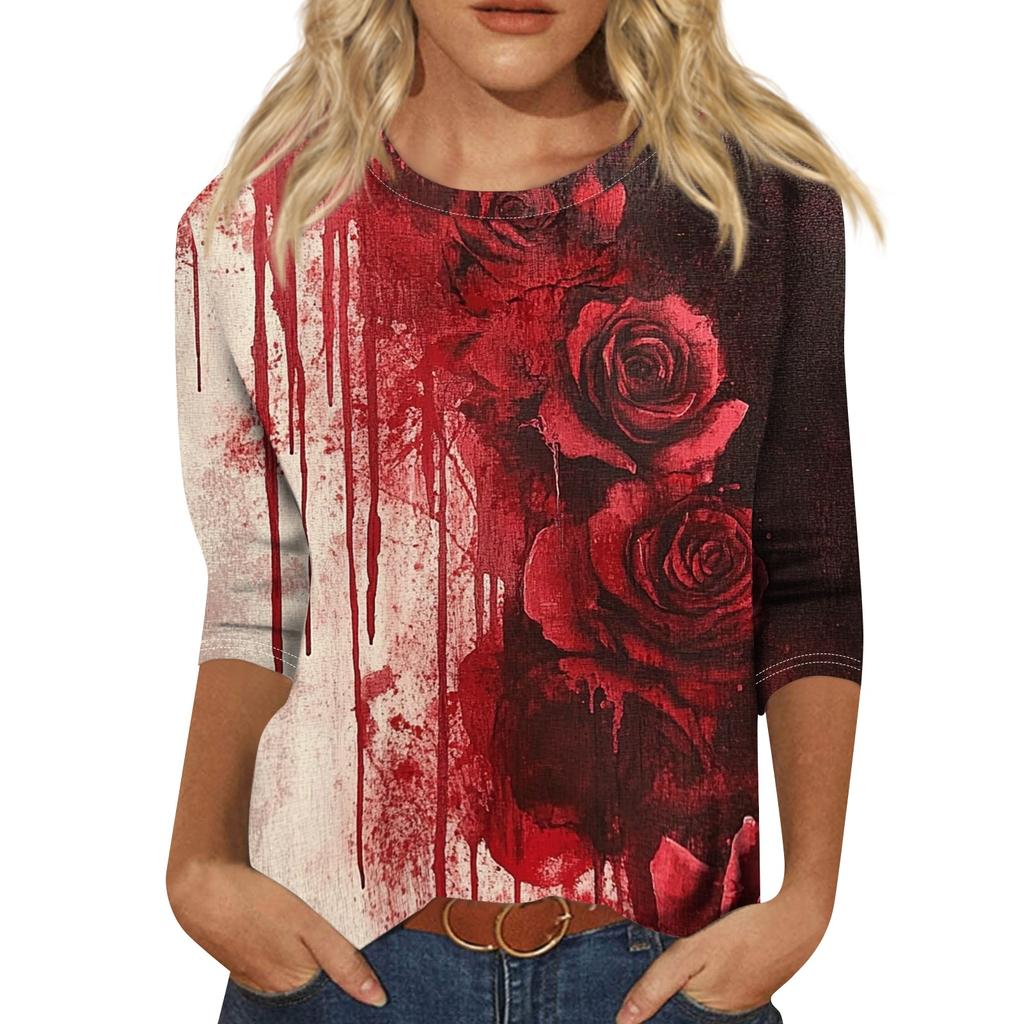 Womens Casual Halloween Print Crewneck Three Quarter Sleeve T Shirt Top Loose Fit Soft Material Comfortable Style