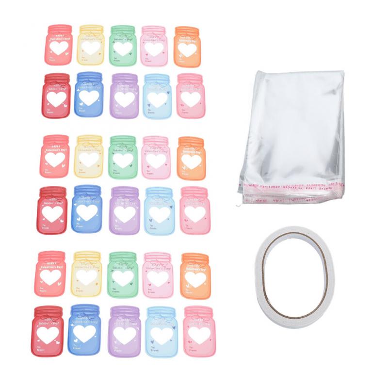 Kids Valentines Cards Set - 30 Jar Designs with Adhesive & Bags
