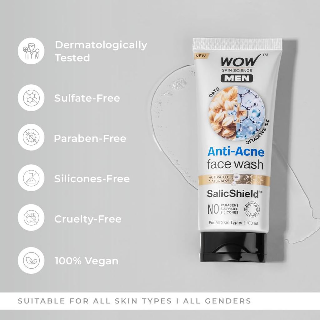 WOW Skin Science Men Anti Acne Face Wash With Oat Extract And 2% Salicylic Acid | Targets Breakouts And Oil Control | 100 Ml