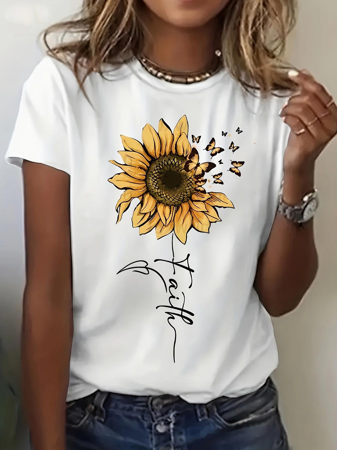

Women s Sunflower and Butterfly Graphic T-Shirt - Casual Short Sleeve Top Perfect for Spring & Summer Fashion Sunflower Shirt S