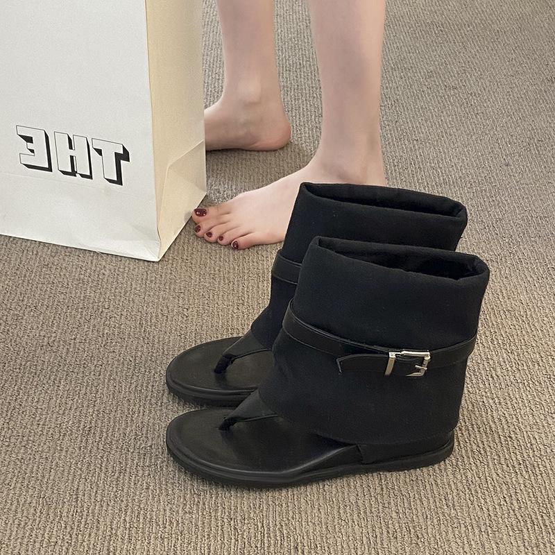 Mezzanine sandals women's summer new slope heel inner height-increasing splicing cloth high-top cool boots retro small high shoes