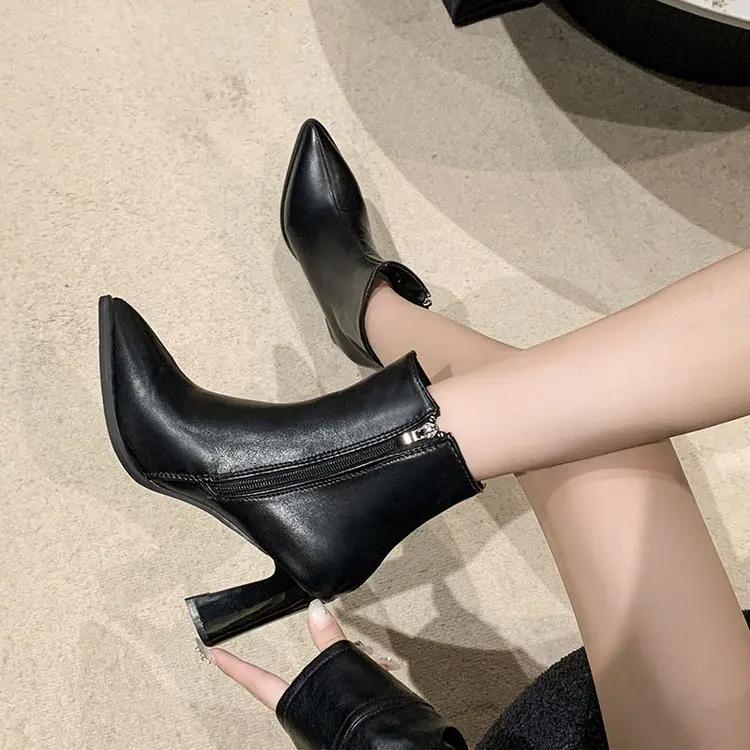 Mode Schwarz Winter Reißverschluss Warm Plüsch Stiefeletten Damen 8,5cm Blockabsatz Reißverschluss Damen Schuhe Super Große Größe