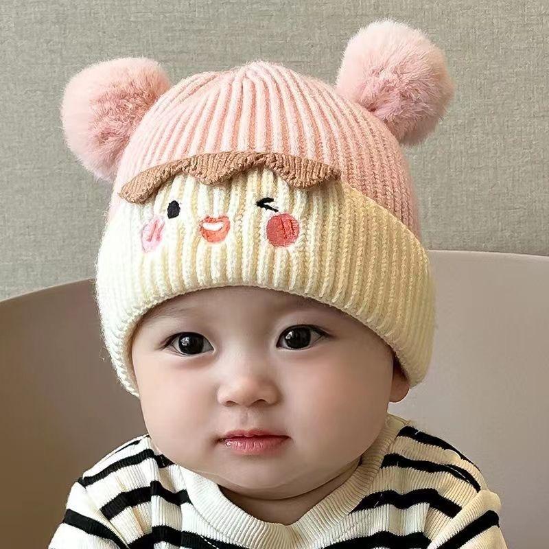 Baby autumn and winter cute cartoon warm hairball wool hat boys and girls baby ear protection hat children pullover knitted hat
