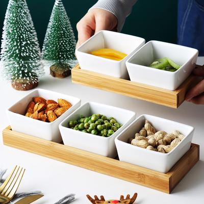 Farfurie Desert Ceramică MUZITY Formă Pătrată Farfurie Fructe Cu Tavă Bambus și Lemn Porțelan Farfurie Tort sau Bomboane