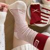 Female Autumn and Winter Striped Cloth Label Bowknot Polka Dot New Year Benming Year Red Tube Pile Socks