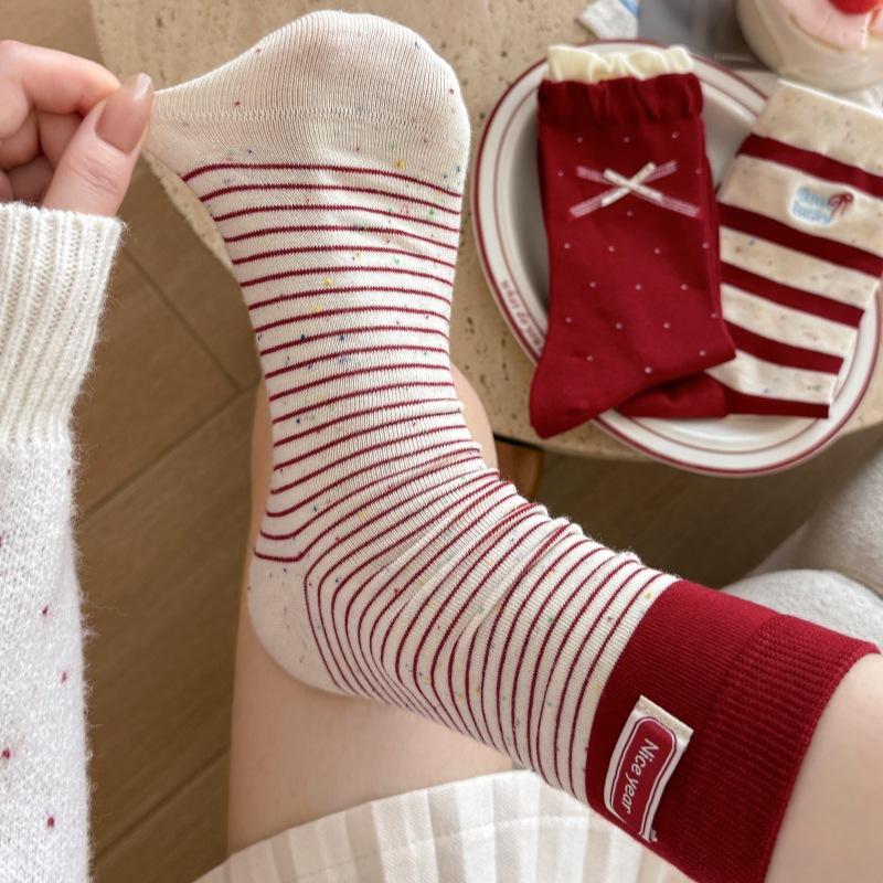 Female Autumn and Winter Striped Cloth Label Bowknot Polka Dot New Year Benming Year Red Tube Pile Socks