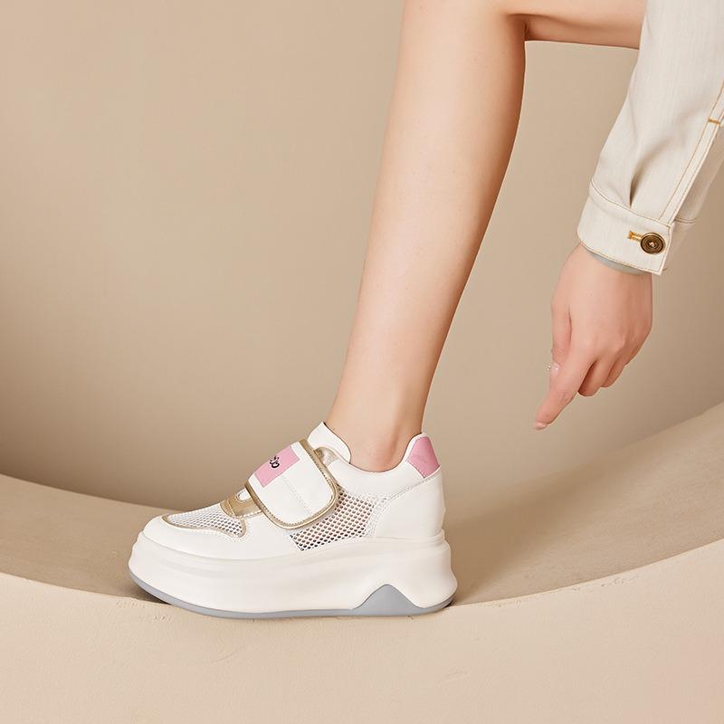 Small size mesh white shoes women's thick sole inner height increase dad shoes women's Velcro casual women's shoes