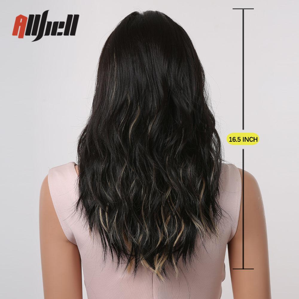 Black Synthetic Hair Wig with Golden Highlights Medium Long Wavy Wigs for Women Heat Resistant Cosplay Daily Balayage Fake Hair