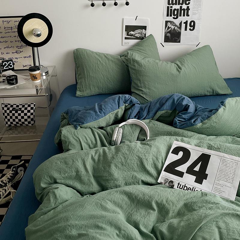 Bed Sheet Quilt Cover Nude Sleeping Pure Cotton Four-piece Set Washed Cotton Soft Bed Sheet Quilt Cover Solid Color Bedding