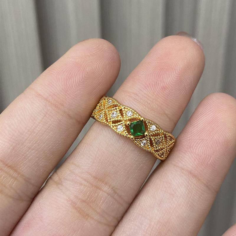 Hot Sale Gold Plated Emerald Full Diamond Rhombus Ring Court Versatile Open Ring
