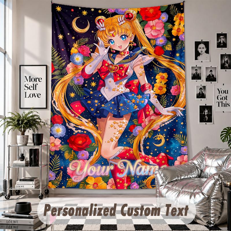 Wall Hanging Tapestry With Custom Name & Text, Sailor Moon Decorative Tapestry For Bedroom