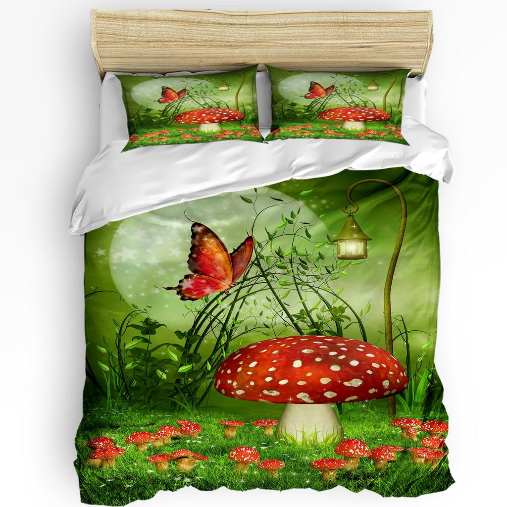 Mushroom Butterfly Green Fairy Tale Bedding Set 3pcs Duvet Cover Pillowcase Kids Adult Quilt Cover Double Bed Set Home Textile