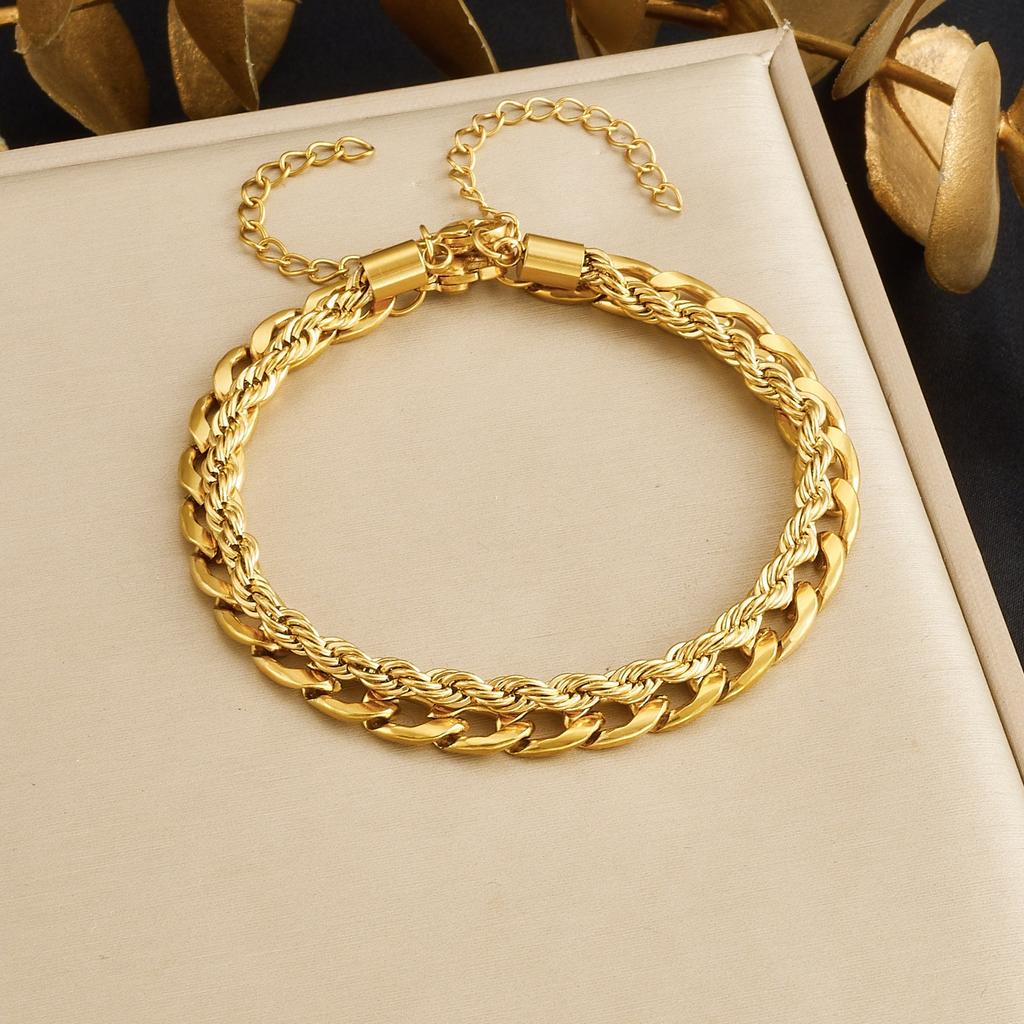 European and American Stainless Steel Gold-plated Bracelet, Fashionable Punk Unisex Style, Double-layer Stacked Chain Jewelry Two-piece Set for Women