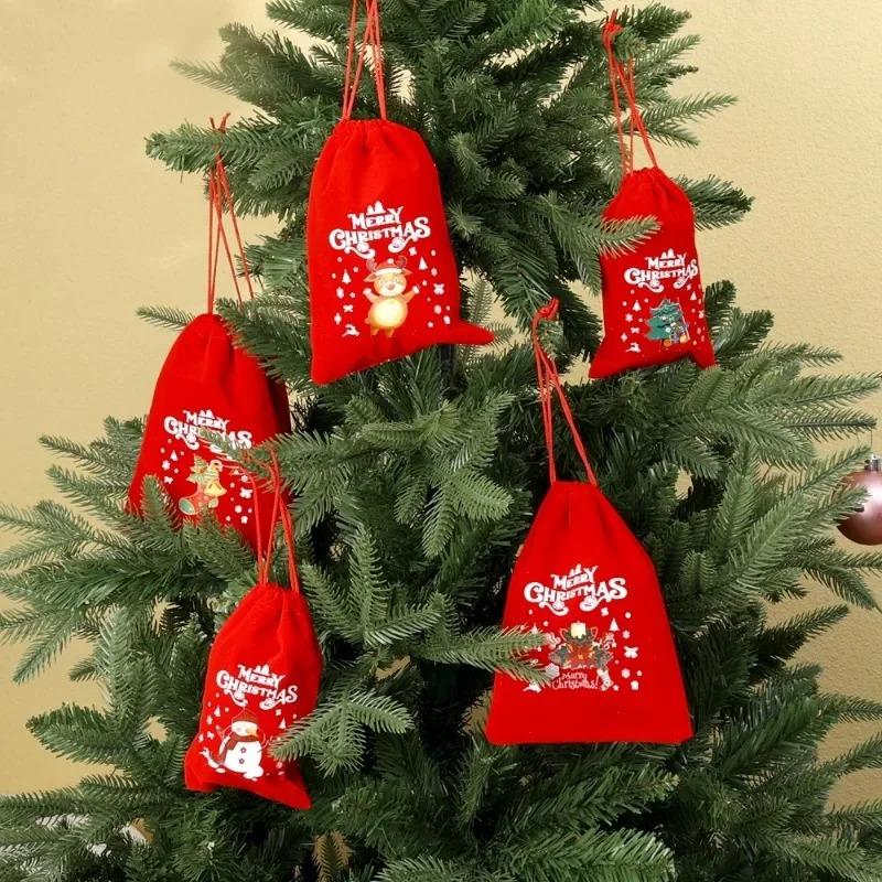 20PCS Drawstring Christmas Velvet Bags Red Gift Packaging Bag Candy Biscuit Pouch Merry Christmas Bracelet Jewelry Storage Bag