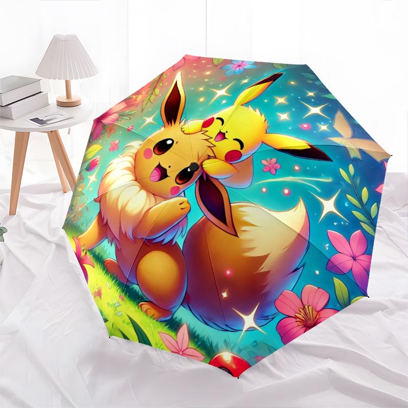 Pikachu and Eevee  pattern, automatic folding umbrella, portable and foldable design, 8 ribs, a Christmas or birthday gift.