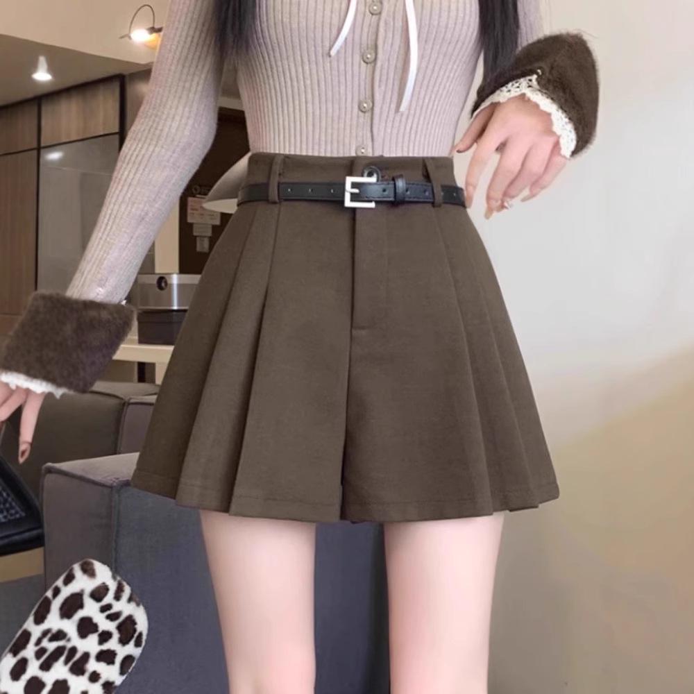 Dámské 2024 hnědé plisované vlněné šortky s vysokým pasem: Kalhotová sukně se širokými nohavicemi, podzimní/zimní styl