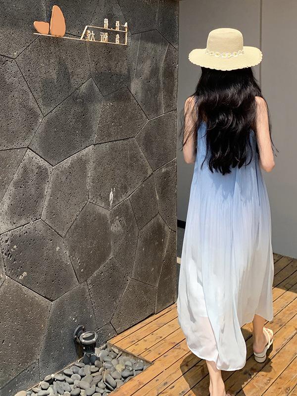 Women's French Seaside Gradient Spaghetti Strap Long Dress - Summer Sleeveless Sea Wave Style