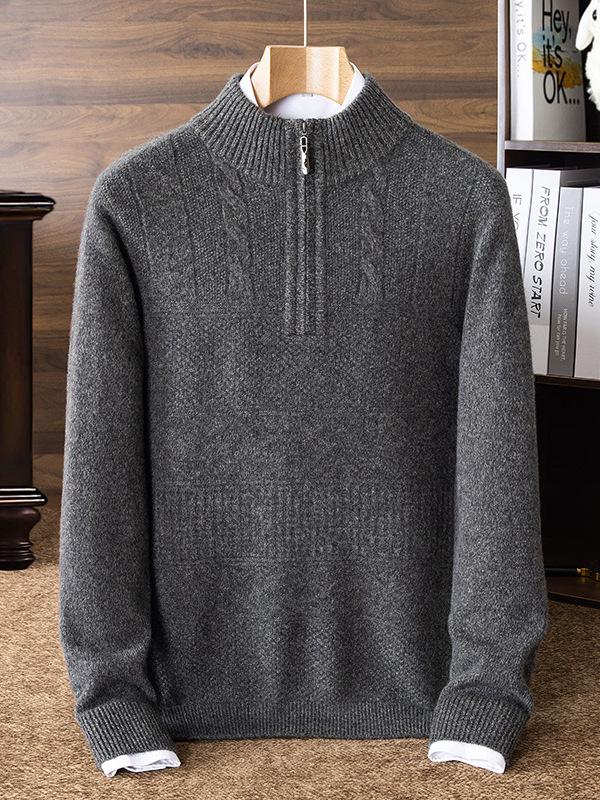 Herren-Strickpullover aus reiner Wolle, dick, für Herbst & Winter, mit halbem Reißverschluss